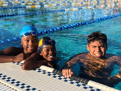 Julian, samara and maya in the pool